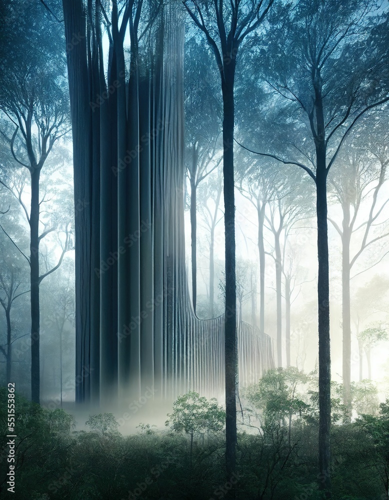 Fototapeta premium Futuristic church in the forest, foggy and creepy night, fantasy building