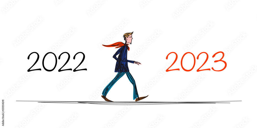Carte de vœux 2023 montrant un homme dessiné à la main, qui marche tout droit pour symboliser le passage de l’année 2020 à 2023. Carte de vœux 2023 montrant un homme dessiné à la main, qui marche tout droit pour symboliser le passage de l’année 2020 à 2023.