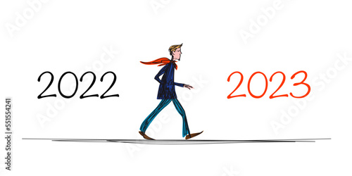 Carte de vœux 2023 montrant un homme dessiné à la main, qui marche tout droit pour symboliser le passage de l’année 2020 à 2023.