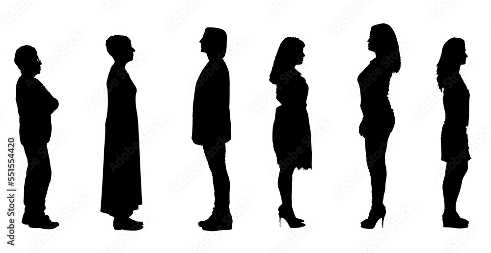 © curto - silhouette of a group of women standing seen from the side on a white background