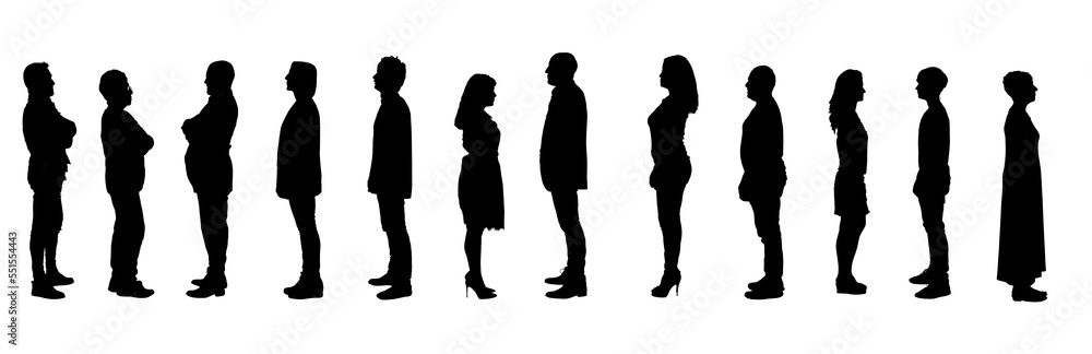 line of silhouette of a group of people standing seen from the side on a white background