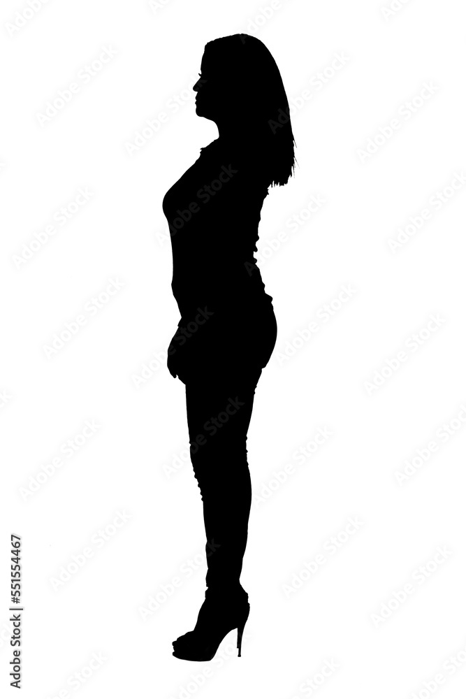silhouette of a  woman with jeans and heeled shoes on white background