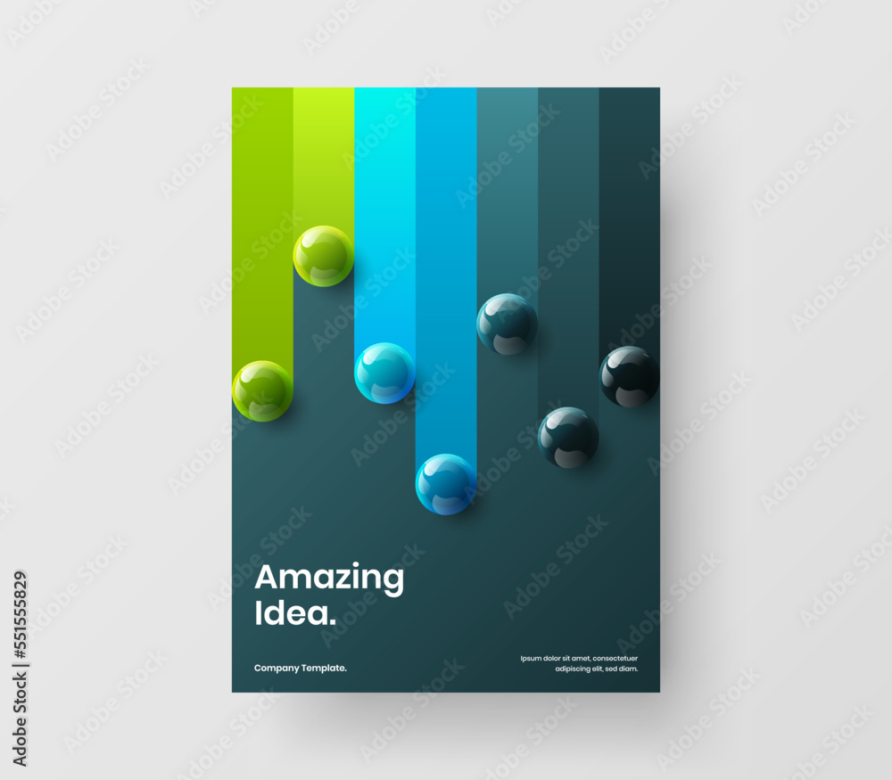 Minimalistic journal cover A4 design vector illustration. Vivid 3D spheres brochure template.