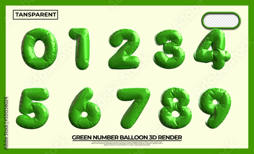 Bundle of 3D render numbers 1,2,3,4,5,6,7,8,9,0 balloons for kids educarion elementary green colors