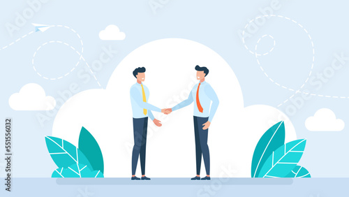 Two businessmen shaking hands. Businessmen first meeting greeting with firm handshake. Business deal contract agreement support cooperation management new job concept. Flat style. Vector illustration 