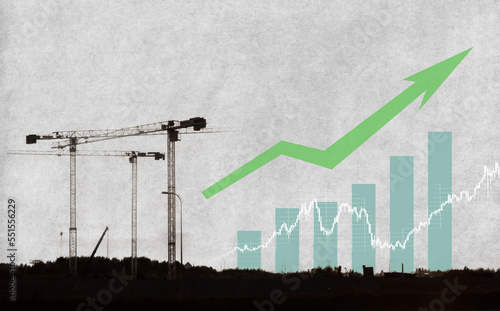 Modern art collage. Construction cranes on the background of the growth graph. The concept of success, profit in construction.