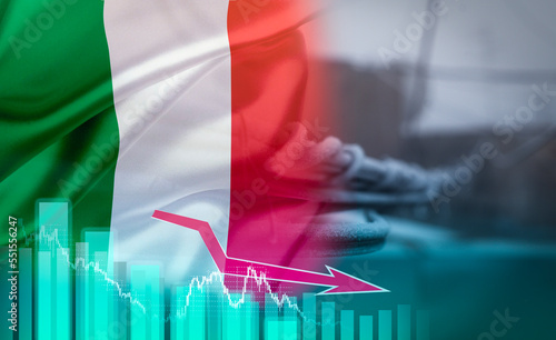 Power line covered with frost on the background of the flag of Italy. Energy crisis concept with infographics. copyspace.