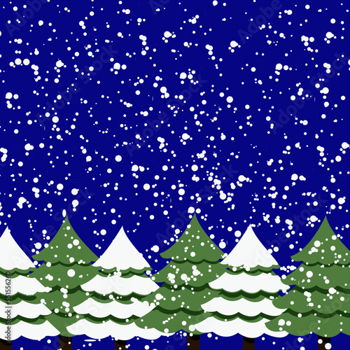 Snowfall in the foreest. spruces and snow