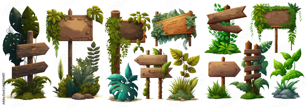 Wooden signboards in jungle. Wood board with tropic leaves, moss and liana plants for game ui. Vector illustration on white background - obrazy, fototapety, plakaty 