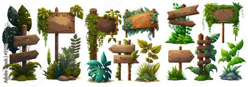 Wooden signboards in jungle. Wood board with tropic leaves, moss and liana plants for game ui. Vector illustration on white background