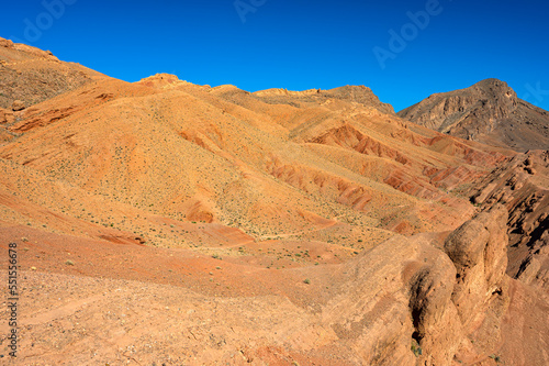 Desert mountains landscape in the vicinity of Dades Gorges, Boumalne Dades, Morocco.