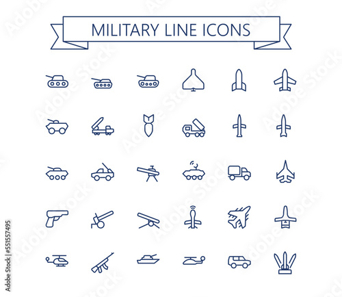 Military line vector icon set. Army outline icons. Editable stroke. 24x24 px.