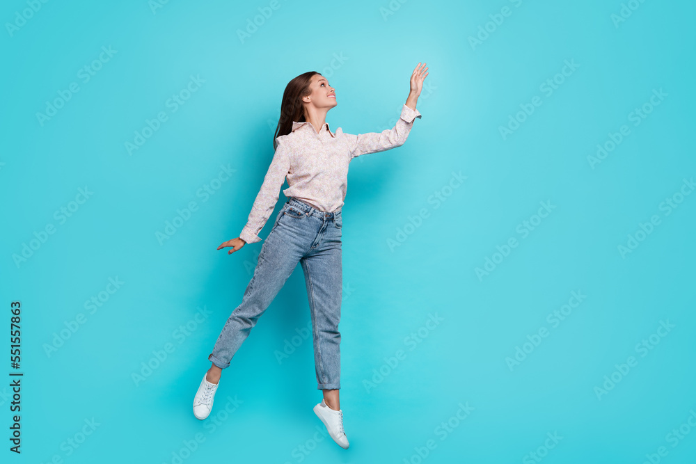 Full length body size view of attractive cheerful girl jump want