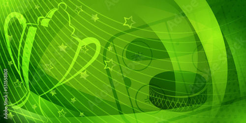 Abstract background in green colors with different hockey symbols such as puck, stick, ice rink, cup