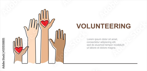 Hands and hearts. Raised hands volunteering concept continuous one line drawing minimalism design isolated on white background.