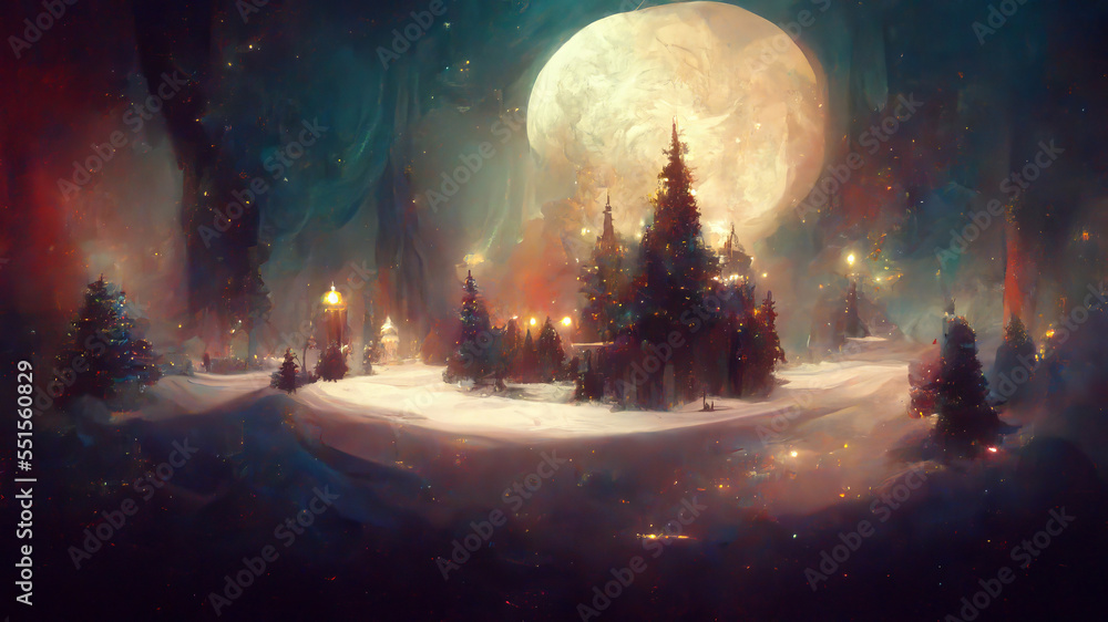 Painted christmas night snowy village with Chistmas tree and Moon. Season greetings card. Santa Claus village.
