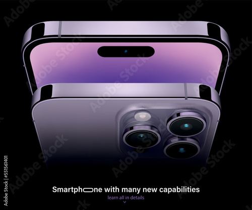 new frameless smartphone purple color with colored screen saver top view isolated on black background. mockup of realistic mobile phone with shadow. vector 3d isometric illustration