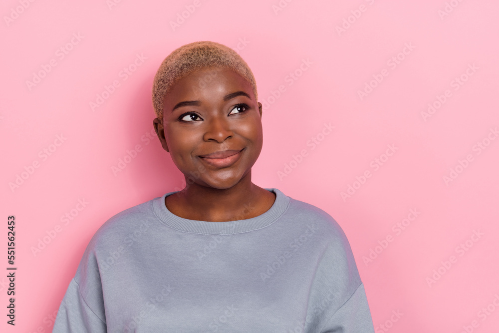 Portrait of positive pretty girl look interested empty space inspiration isolated on pink color background Portrait of positive pretty girl look interested empty space inspiration isolated on pink color background