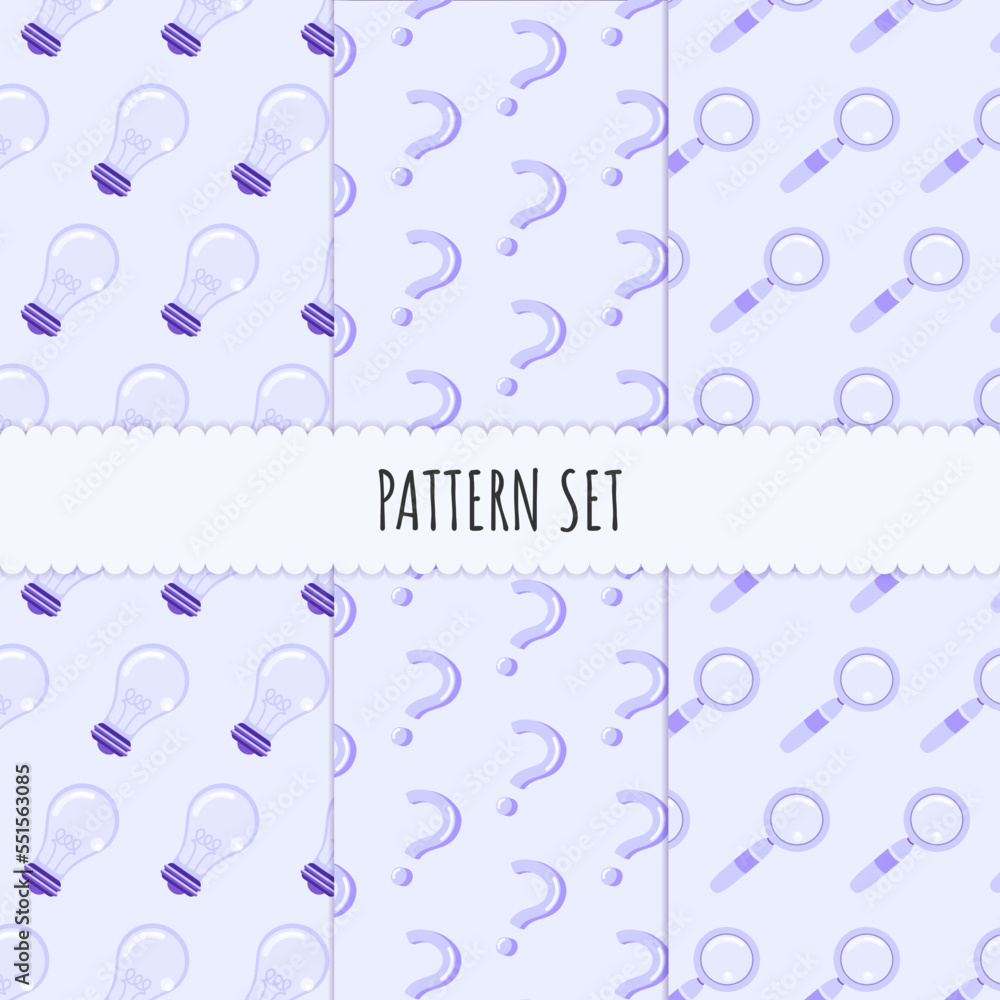 Pattern set. Seamless pattern with bulb lamp, question mark and magnifier glass icons on purple background for poster, banner, wallpaper. Wrapping Paper Pattern, scrapbook patterns or textile Pattern set. Seamless pattern with bulb lamp, question mark and magnifier glass icons on purple background for poster, banner, wallpaper. Wrapping Paper Pattern, scrapbook patterns or textile