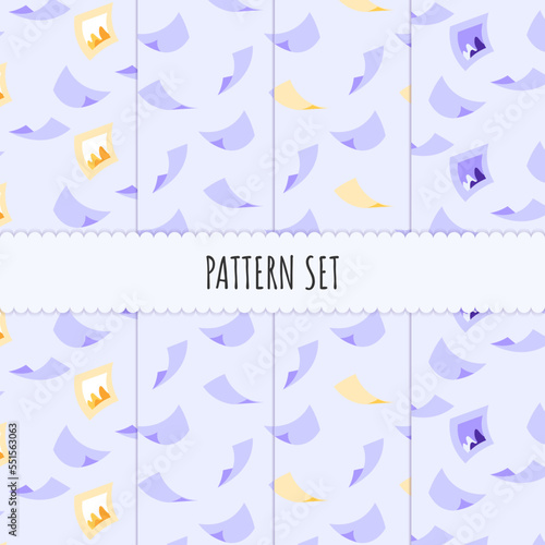 Pattern set. Seamless pattern with paper, page and pictures in frame icon on purple background for poster, banner, wallpaper. Wrapping Paper Pattern, scrapbook patterns or textile
