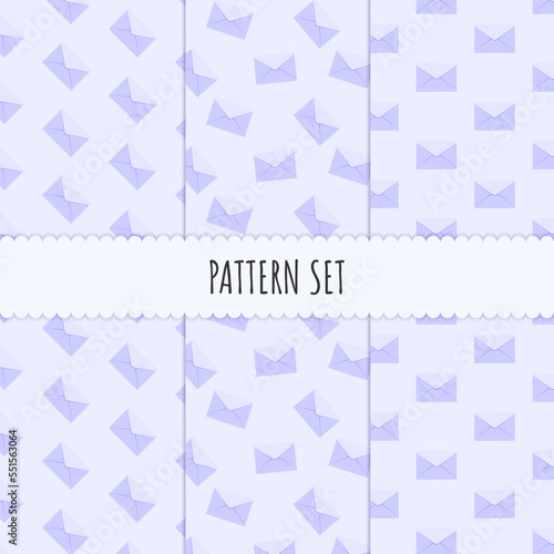 Pattern set. Seamless pattern with letter or envelope icon on purple background for poster, banner, wallpaper. Wrapping Paper Pattern, scrapbook patterns or textile