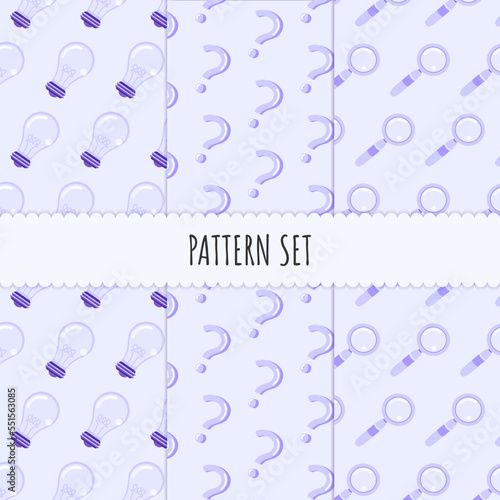 Pattern set. Seamless pattern with bulb lamp, question mark and magnifier glass icons on purple background for poster, banner, wallpaper. Wrapping Paper Pattern, scrapbook patterns or textile