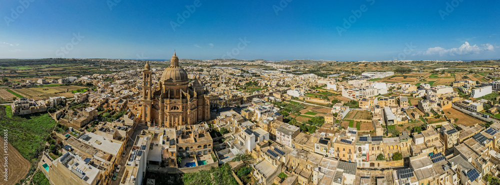 Aerial drone panoramic view of the Rotunda St. John Baptist Church in Xewkija, Gozo, Malta