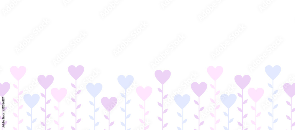 Puple and pink stems with hearts on a white background. Valentine's day banner. Flat vector illustration