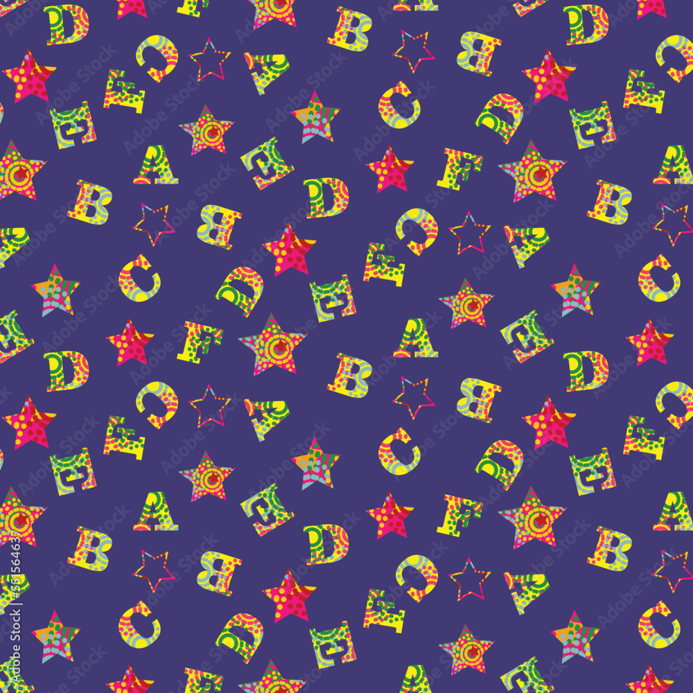 seamless colorful pattern with stars and letters, for children textile, print, wrapping paper, wallpaper, background, alphabet, ABC, 