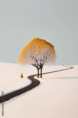 Empty snow  road in winter. Minimal. willow tree.