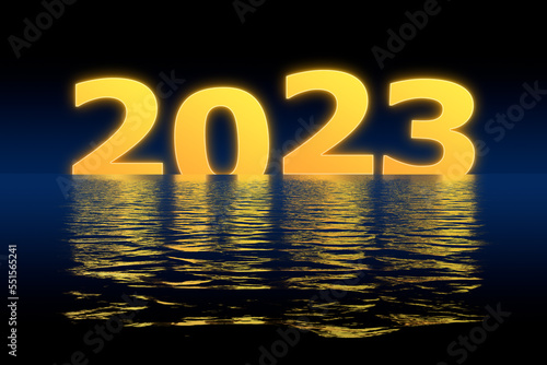 3D illustration concept New Year 2023 design with 2023 and shadows in the water.