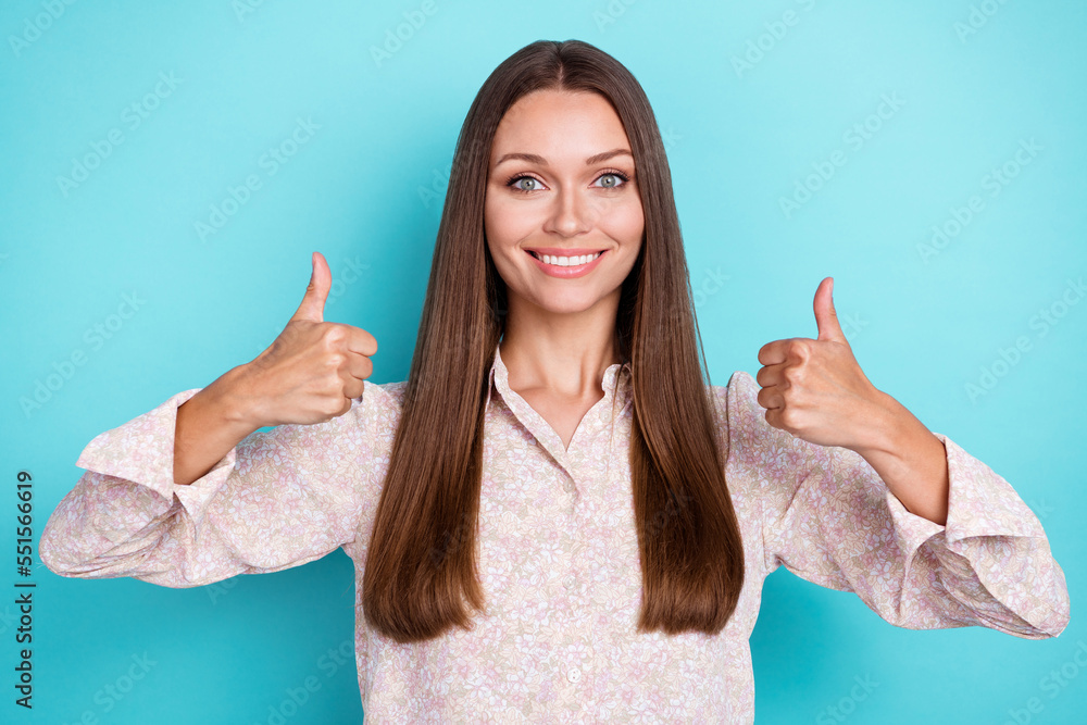 Close up photo of adorable positive lady raise two arm good job symbol satisfied new shampoo hairdo isolated on cyan color background Close up photo of adorable positive lady raise two arm good job symbol satisfied new shampoo hairdo isolated on cyan color background