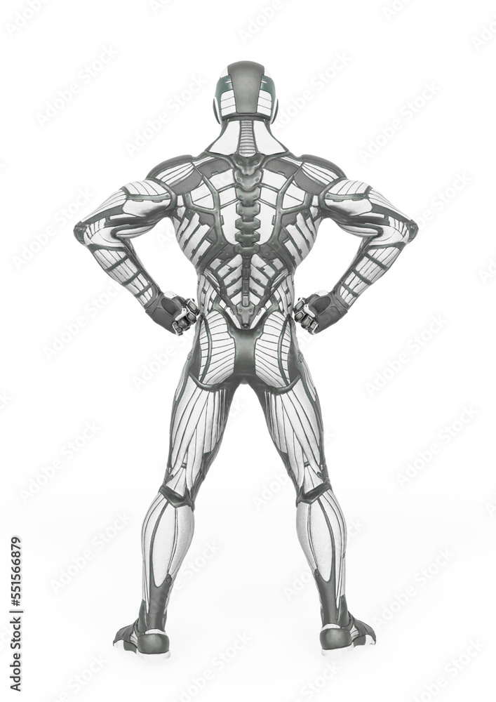 super hero in an exosuit is doing a power pose rear view super hero in an exosuit is doing a power pose rear view