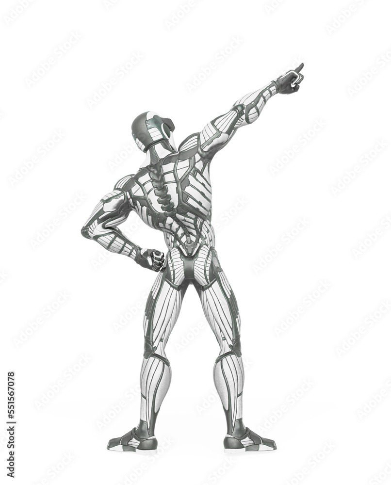 super hero is pointing up and showing the way in an exosuit rear view super hero is pointing up and showing the way in an exosuit rear view