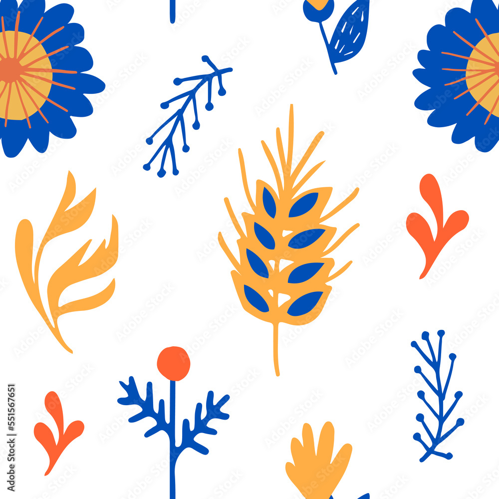 Vector seamless pattern with doodle flowers, Ukrainian folk motifs, cute background for textiles, banners, pillows, etc.