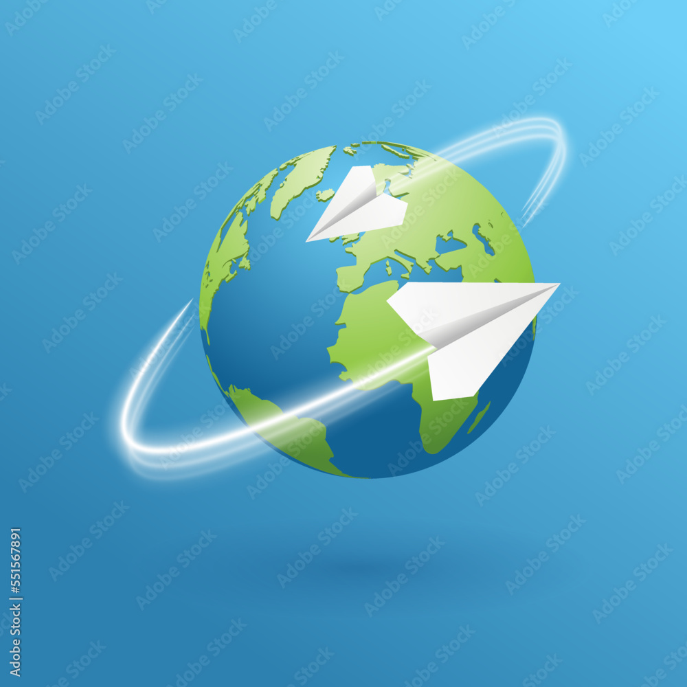 Naklejka premium Geography globe. Realistic 3d Earth planet. World map traveling illustration. Mail letter tracking app. Paper plane fly. Delivery gps concept of traveling, logistic. Online international sales.