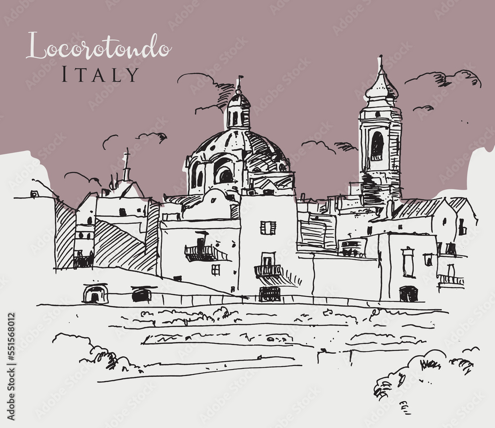 Vector hand drawn sketch illustration of Locorotondo town in Italy