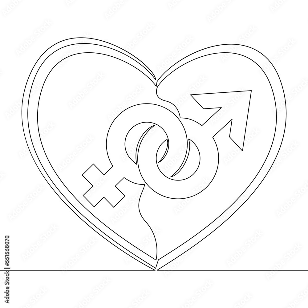 Continuous line drawing Gender symbols in heart icon vector illustration concept Continuous line drawing Gender symbols in heart icon vector illustration concept