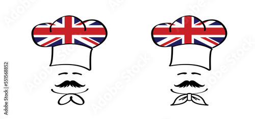 Cartoon chef cap with mustache and England flag. Chef hat  or cap. Kitchen cook or cooking hat. Vector menu logo or icon. Britain, cuisine bakery. Baker symbol. Chef cap