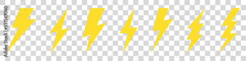 Vector electric lightning bolt logo set isolated on white background for electric power symbol, poster, t shirt. Thunder icon. Storm pictogram. Flash