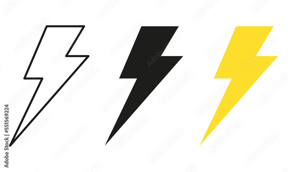 Vector electric lightning bolt logo set isolated on white background for electric power symbol, poster, t shirt. Thunder icon. Storm pictogram. Flash Vector electric lightning bolt logo set isolated on white background for electric power symbol, poster, t shirt. Thunder icon. Storm pictogram. Flash