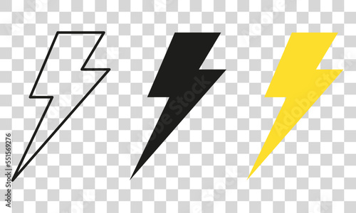 Vector electric lightning bolt logo set isolated on white background for electric power symbol, poster, t shirt. Thunder icon. Storm pictogram. Flash