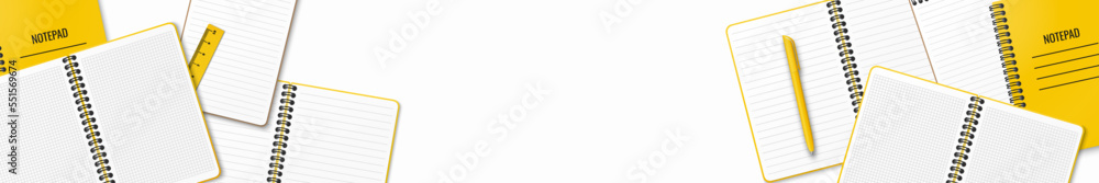 Closed and opened yellow notebooks and yellow ball-point pen with copy space for your image or text. Minimalist vector illustration as back to school background. Top view, flat lay. White background Closed and opened yellow notebooks and yellow ball-point pen with copy space for your image or text. Minimalist vector illustration as back to school background. Top view, flat lay. White background