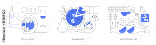 Classic european cuisine abstract concept vector illustrations.