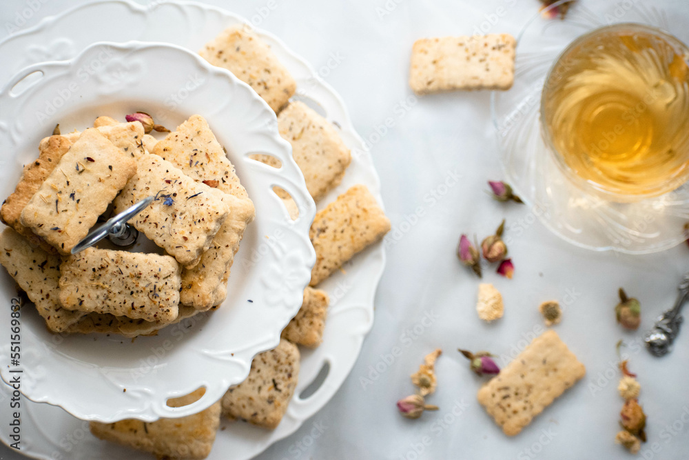 Tea blossom cookies on a white plate Tea blossom cookies on a white plate