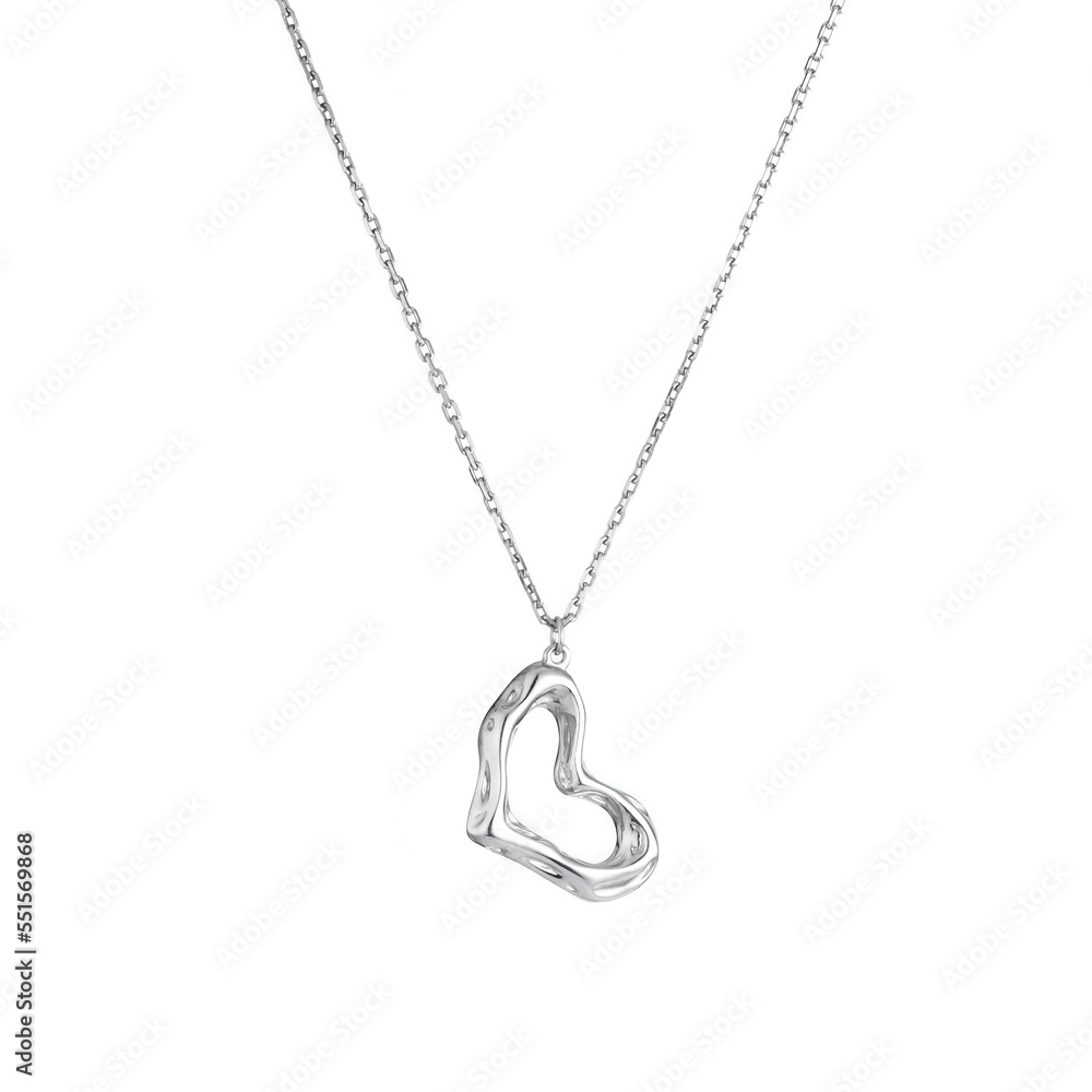 Silver pendant on a chain isolated on white background Silver neclace and pendant in the shape of hear Silver pendant on a chain isolated on white background Silver neclace and pendant in the shape of hear