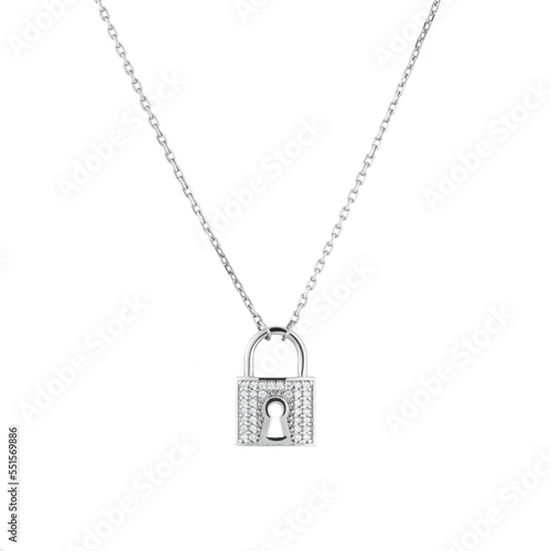 Silver pendant on a chain isolated on white background Silver neclace and pendant