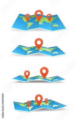 Collection of geography maps. Foldable world map with place mark pined. Fold paper leaflet of topography map. Touristic equipment realistic cartoon vector illustration dots pointer. Sheet of paper set