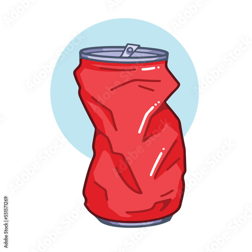 Crumpled steel red tin can vector illustration with clean outline isolated on white and blue background. Pictogram drawing with cartoon simple flat art style.