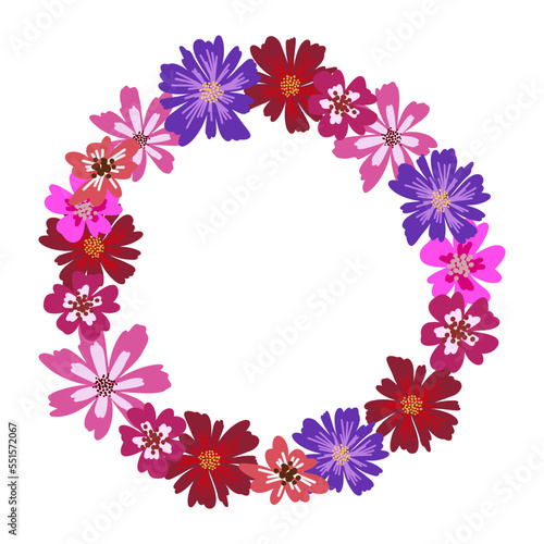 Round frame with pretty flowers. Festive floral circle for your season design.